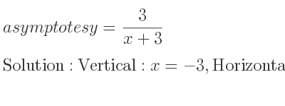 The asymptotes of y= 3/(x+3) is Vertical: x=-3,Horizontal: y=0